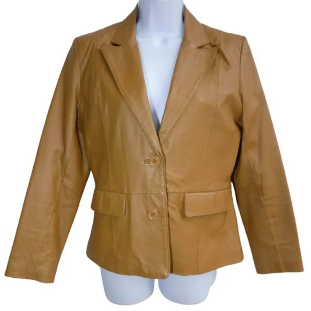 Vintage Cognac Leather Blazer Jacket Bagatelle 70s Style Flapped Pockets Lined 4